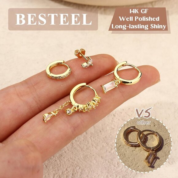 Small 14K Gold Hypoallergenic Dangle Hoop Earrings for Women, Pack of 3-4 Pairs - Picture 6 of 9